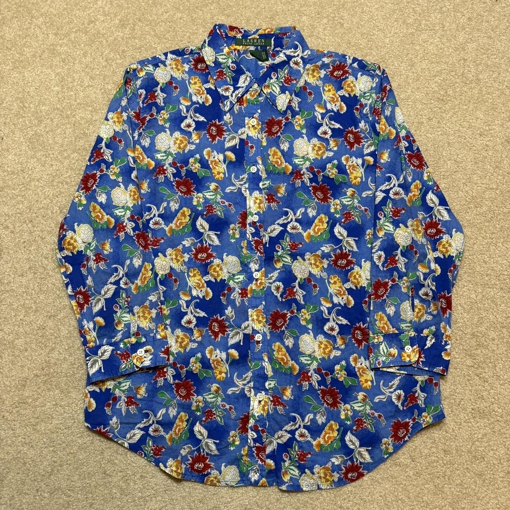 Lauren Ralph Lauren Shirt Womens Medium Blue Floral Longâ Sleeve Button Up Top